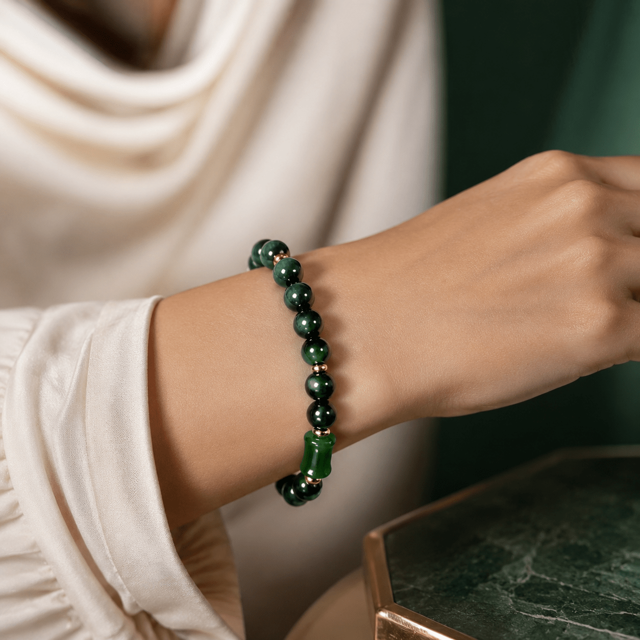 Unisex Dark Green Bamboo Bead Bracelet
